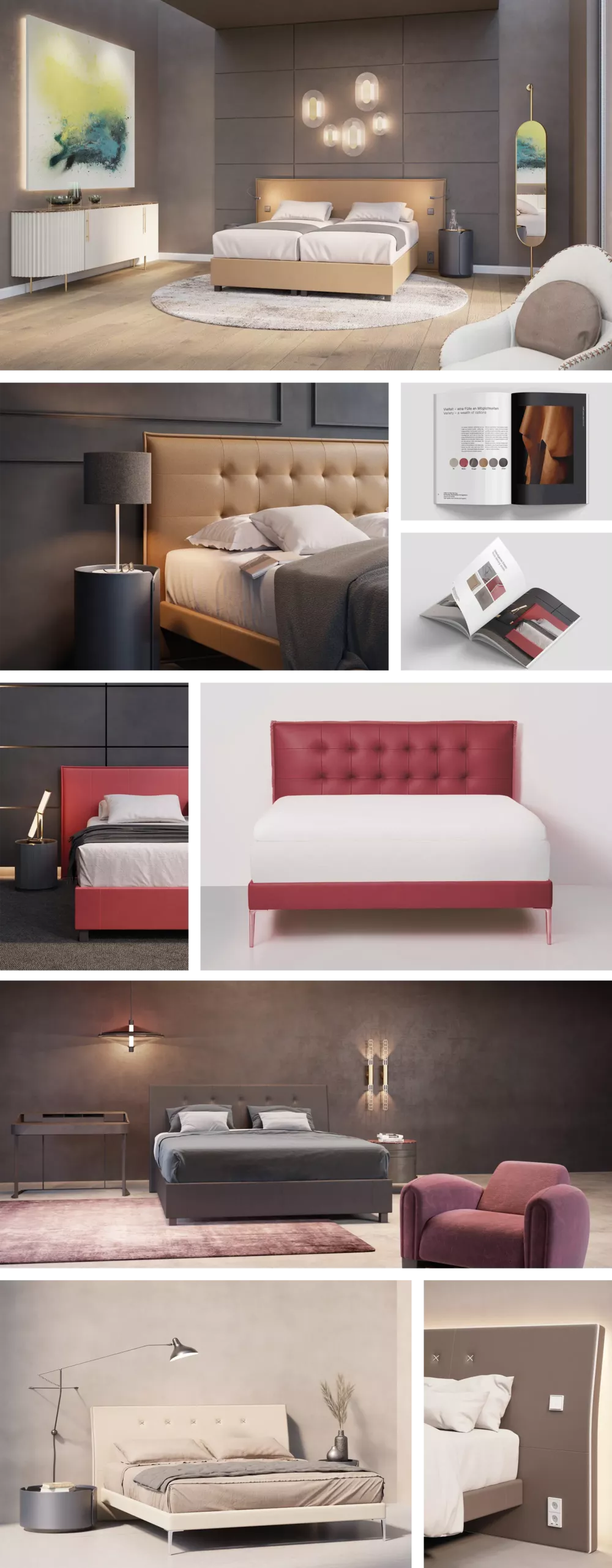 Collage von Schlafzimmerdesigns mit verschiedenen Bettenstilen. Oben ein modernes Schlafzimmer mit gepolstertem Bett in Beige und Kunstbeleuchtung. Detailaufnahmen von roten und cremefarbenen Betten, sowie Broschüren mit Design- und Materialauswahl.