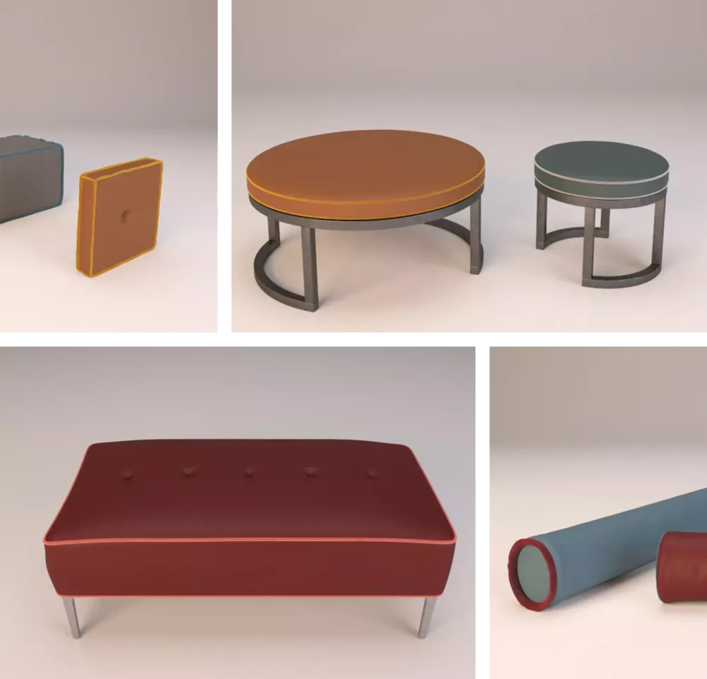Collage von Polstermöbeln und Accessoires. Oben runde Hocker mit Metallgestell und gepolsterter Sitzfläche. Unten eine rechteckige Sitzbank mit roten Bezügen und zwei gepolsterte Nackenrollen.